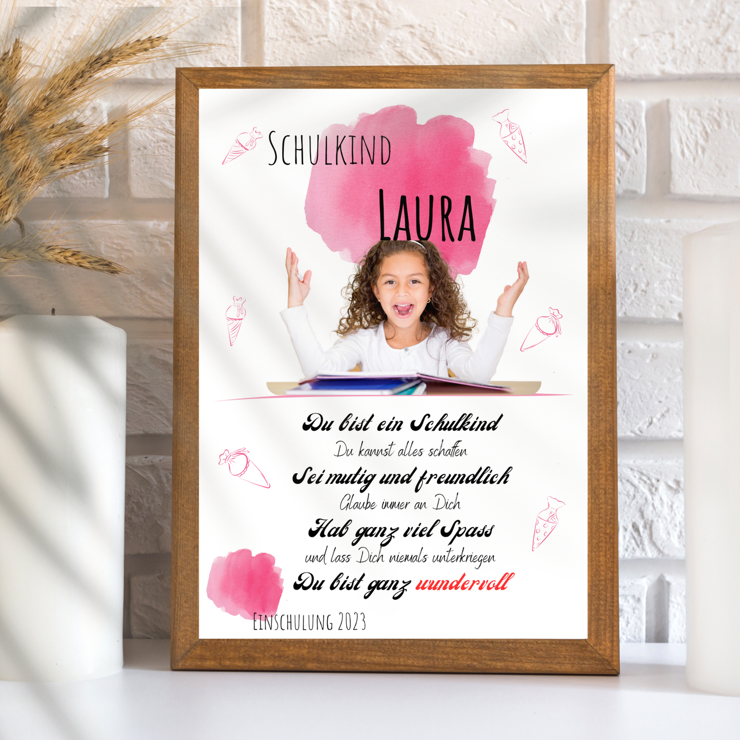 Personalisierte Einschulungs-Urkunde für Mädchen mit Wunschfoto. Digitaler Download, schnell lieferbar, perfekt als Last-Minute-Geschenk.