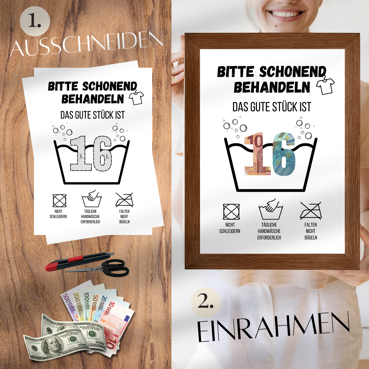 Originelles Geldgeschenk zum 16. Geburtstag: Digitaler Download zum Ausdrucken, humorvolle Waschanleitung, Last-Minute-Geschenkidee mit Geldscheinen.