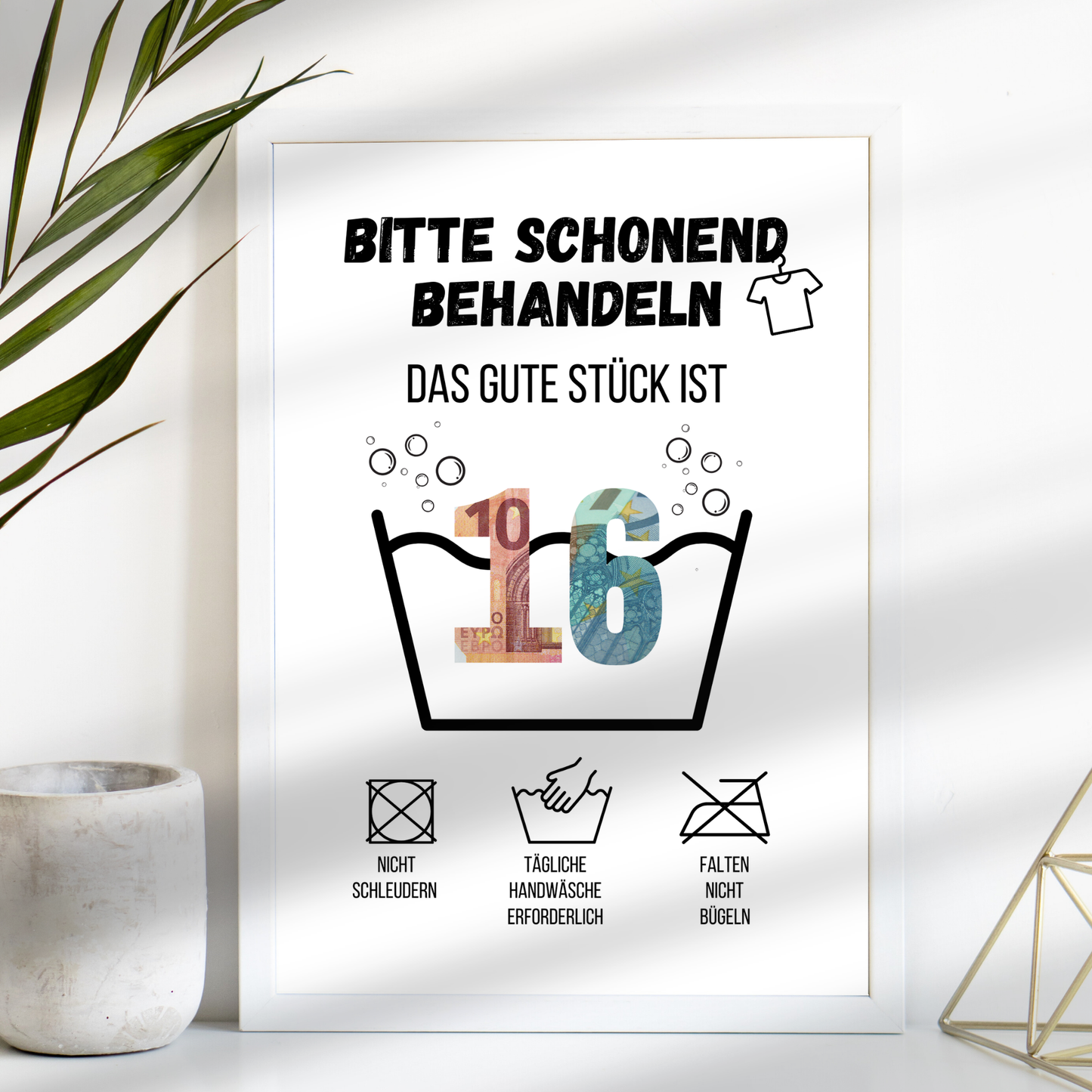 Originelles Geldgeschenk zum 16. Geburtstag: Digitaler Download zum Ausdrucken, humorvolle Waschanleitung, Last-Minute-Geschenkidee mit Geldscheinen.