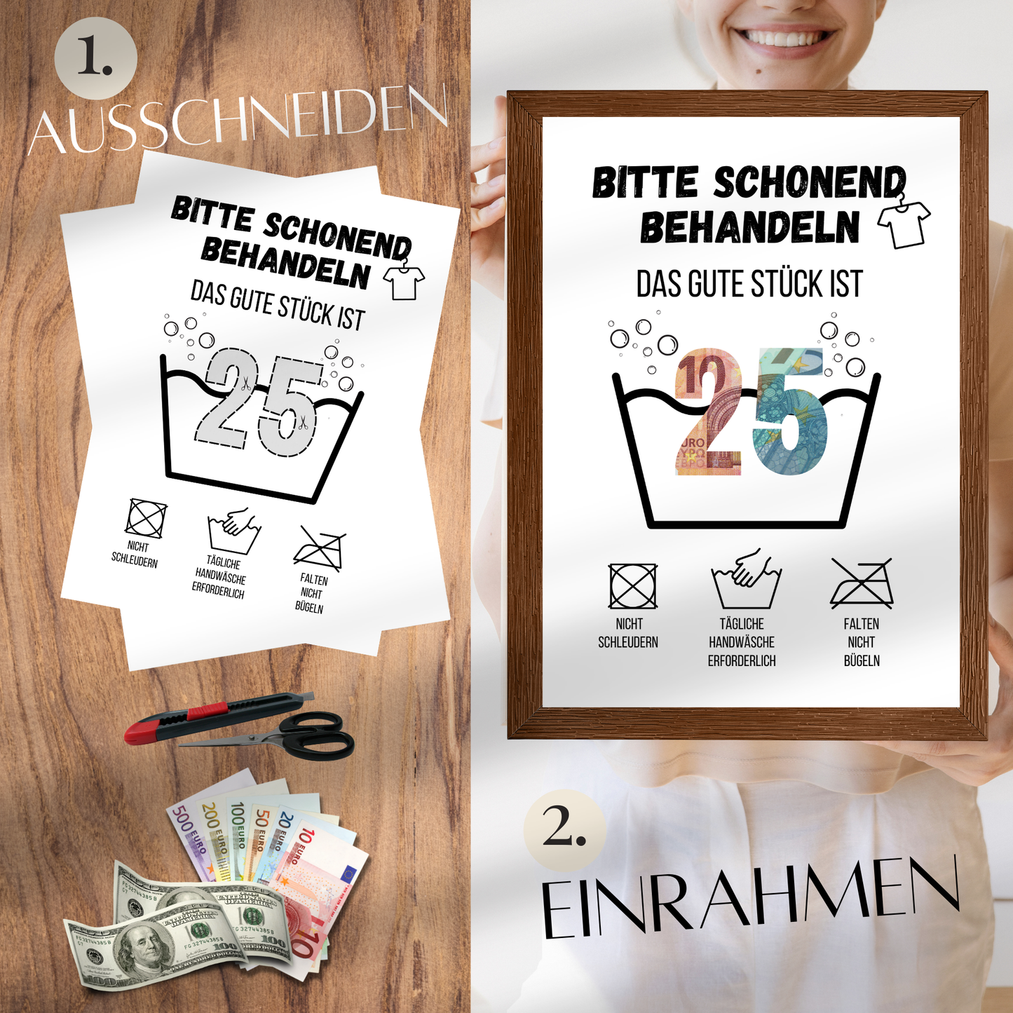 Kreatives Geldgeschenk zum 25. Geburtstag: Digitale Waschanleitung zum Ausdrucken. Humorvolles Last-Minute-Geschenk zum Selbermachen. PDF-Download, sofort verfügbar!