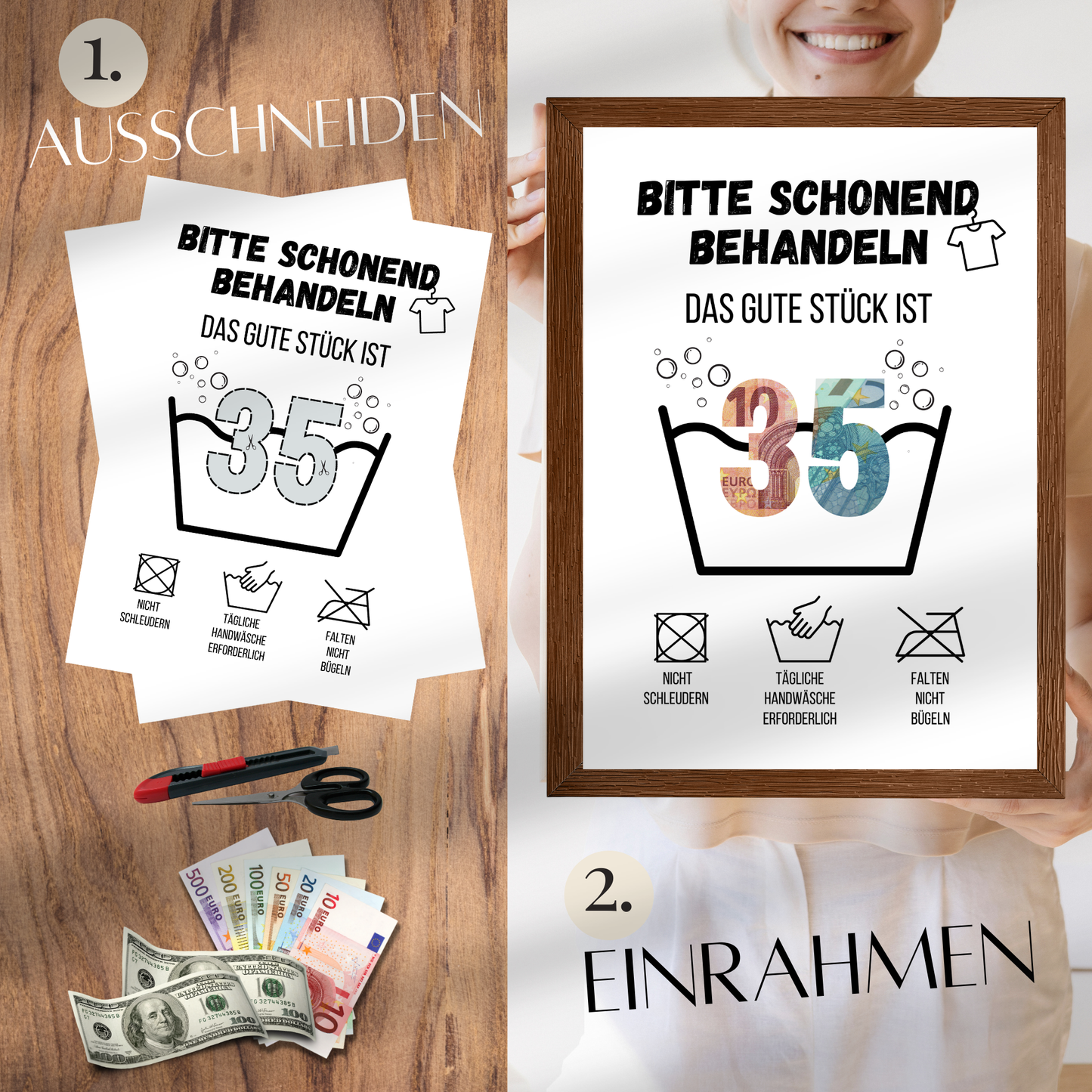 Originelles Geldgeschenk zum 35. Geburtstag: Waschanleitung-Poster als Digitaler Download. Einfach ausdrucken, ausschneiden, Geld hinterlegen & verschenken! Last-Minute Geschenkidee.