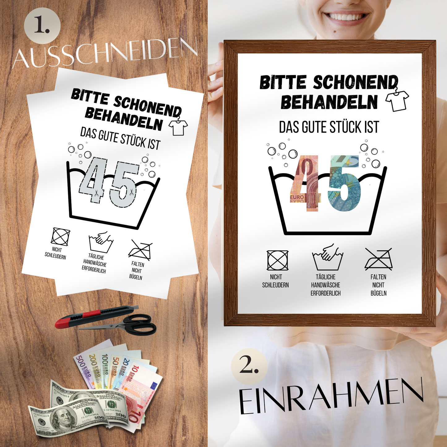 Kreatives Geldgeschenk zum 45. Geburtstag: Digitaler Download im Waschanleitungs-Design. Einfach ausdrucken, ausschneiden & Geldscheine originell präsentieren. Last Minute Geschenkidee!