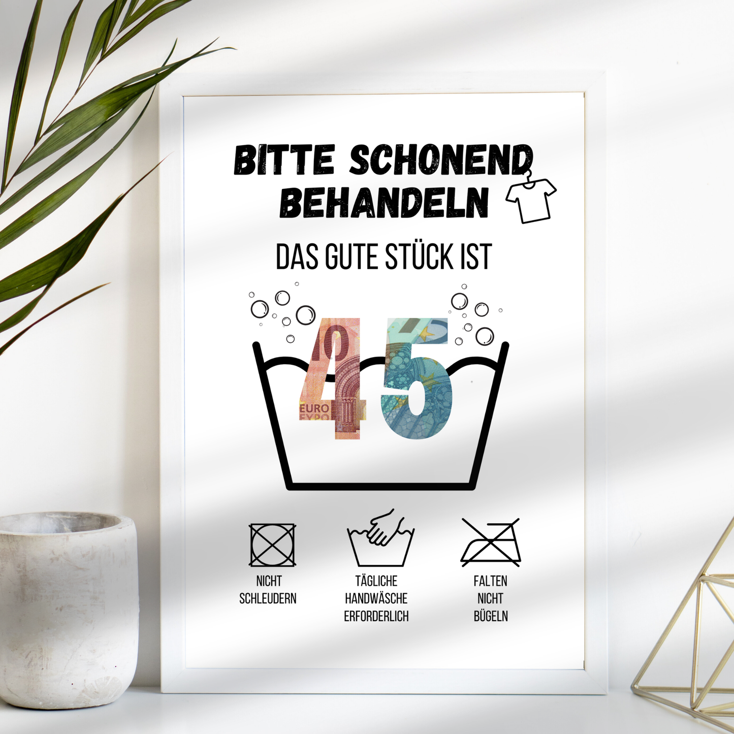 Kreatives Geldgeschenk zum 45. Geburtstag: Digitaler Download im Waschanleitungs-Design. Einfach ausdrucken, ausschneiden & Geldscheine originell präsentieren. Last Minute Geschenkidee!