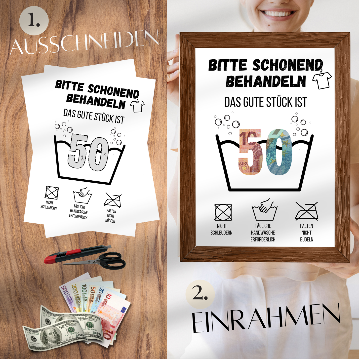 Originelles Geldgeschenk zum 50. Geburtstag: Waschanleitung-Vorlage als Digitaler Download. Einfach ausdrucken, ausschneiden & mit Geldscheinen dekorieren. Last Minute Geschenkidee!