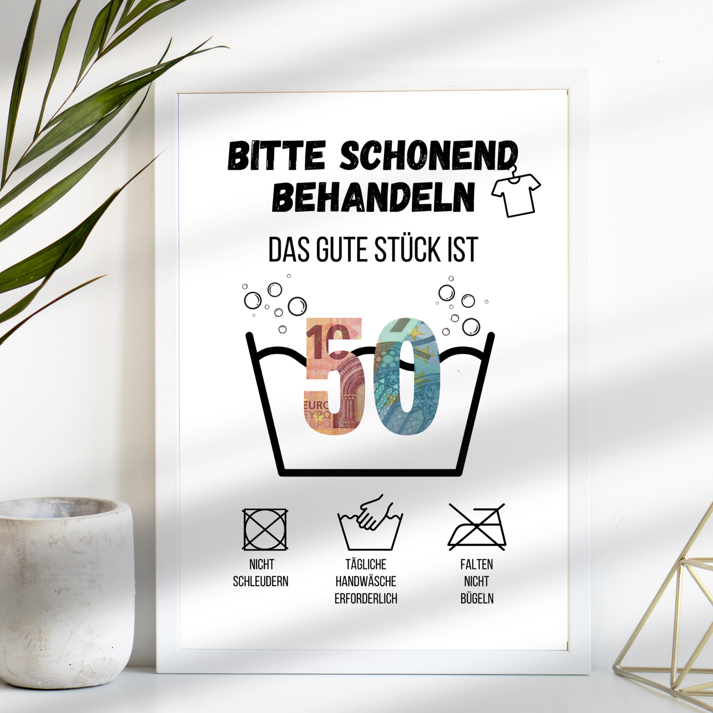 Originelles Geldgeschenk zum 50. Geburtstag: Waschanleitung-Vorlage als Digitaler Download. Einfach ausdrucken, ausschneiden & mit Geldscheinen dekorieren. Last Minute Geschenkidee!