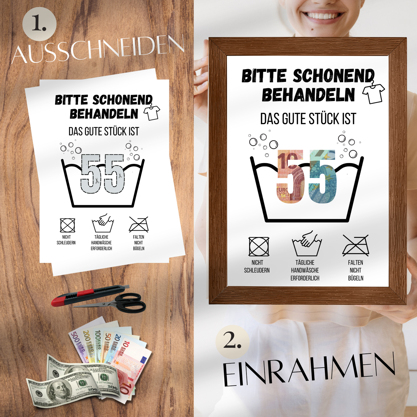 Originelles Geldgeschenk zum 55. Geburtstag: Witzige Waschanleitung-Vorlage als Digitaler Download. Einfach ausdrucken, mit Geldscheinen dekorieren & verschenken. Last-Minute Geschenkidee!