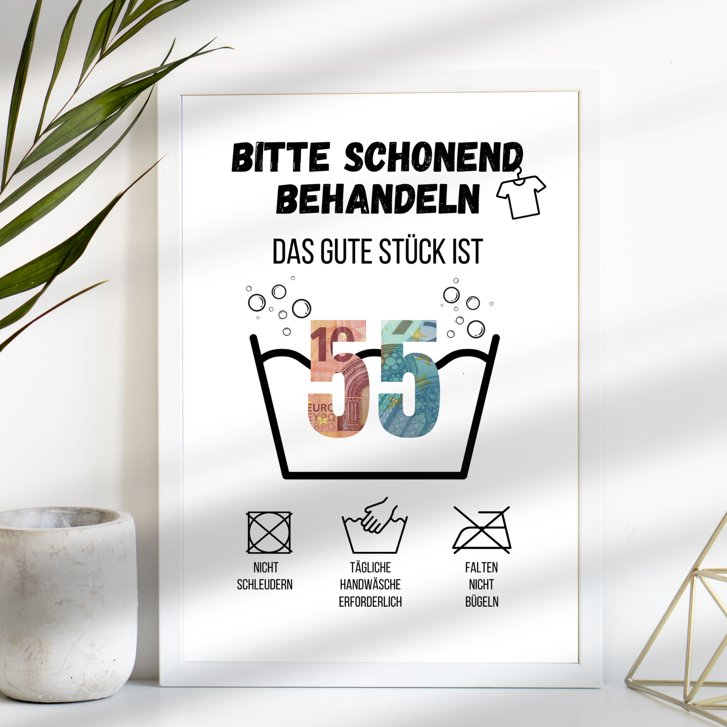 Originelles Geldgeschenk zum 55. Geburtstag: Witzige Waschanleitung-Vorlage als Digitaler Download. Einfach ausdrucken, mit Geldscheinen dekorieren & verschenken. Last-Minute Geschenkidee!