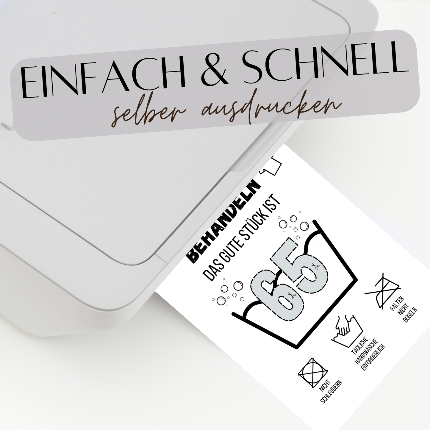 Kreatives Geldgeschenk zum 65. Geburtstag: PDF-Vorlage "Waschanleitung" zum selbst ausdrucken. Last-Minute Download, einfach ausschneiden und einrahmen. Ideal für DIY-Geschenke!