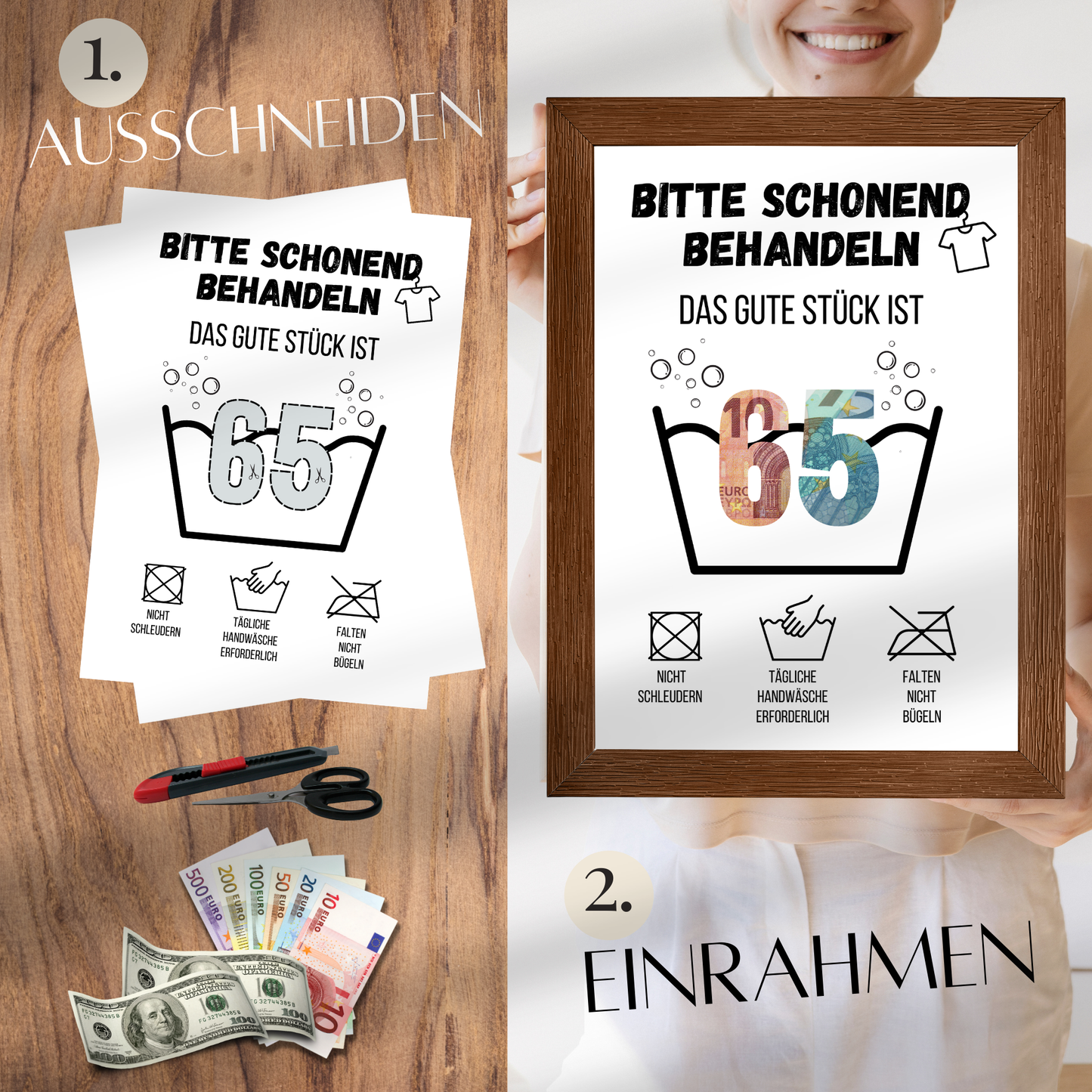 Kreatives Geldgeschenk zum 65. Geburtstag: PDF-Vorlage "Waschanleitung" zum selbst ausdrucken. Last-Minute Download, einfach ausschneiden und einrahmen. Ideal für DIY-Geschenke!