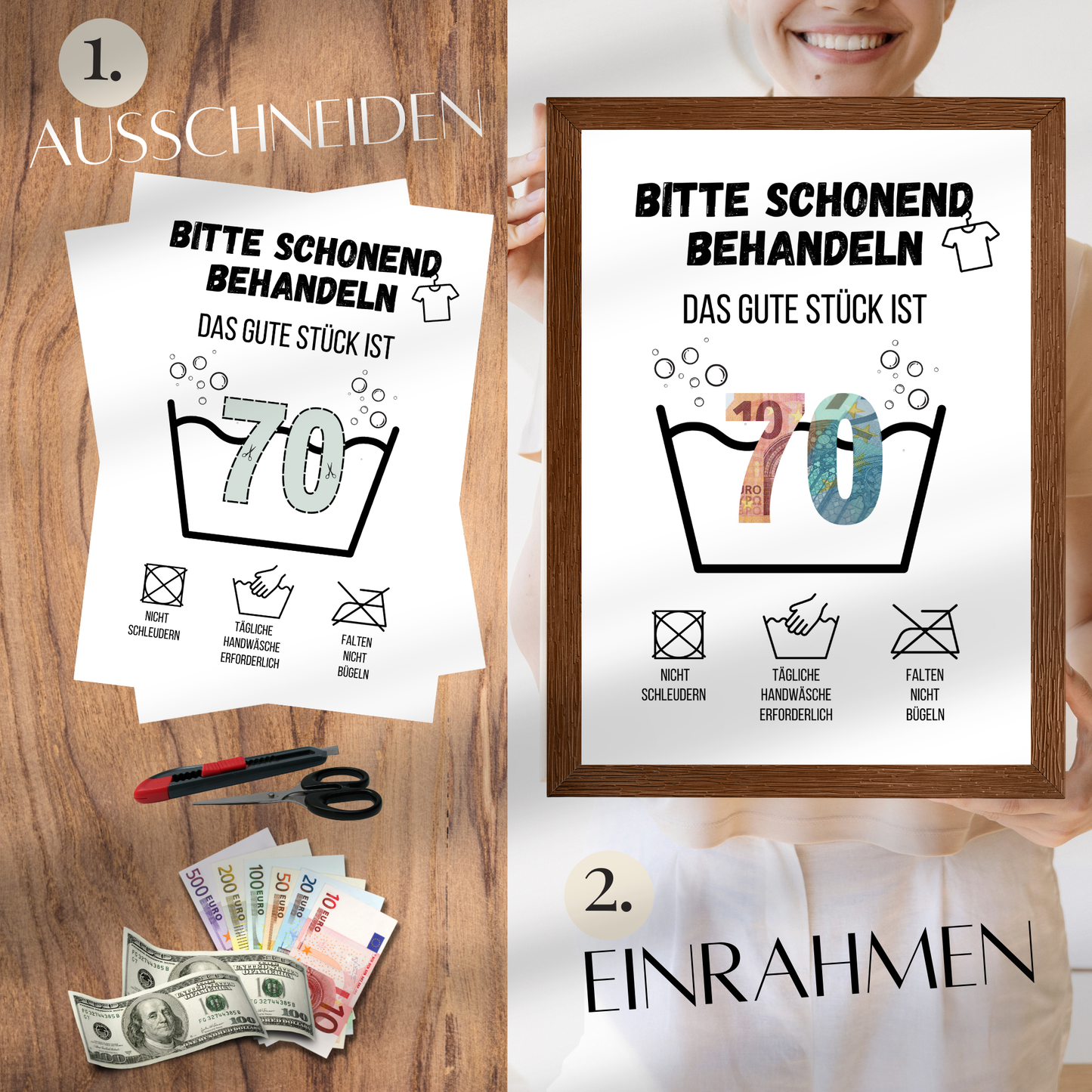 Originelles Geldgeschenk zum 70. Geburtstag: Digitaler Download im „Waschanleitung“-Design. Einfach ausdrucken, rahmen & Geldscheine hinterlegen. Last-Minute Geschenkidee!