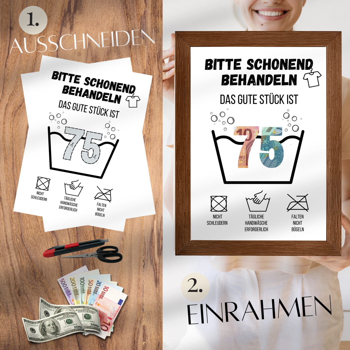 Originelles Geldgeschenk zum 75. Geburtstag: PDF-Vorlage „Waschanleitung“ zum Ausdrucken. Humorvolles Last-Minute-Geschenk zum Einrahmen & Geldscheine kreativ verschenken. Sofort-Download!