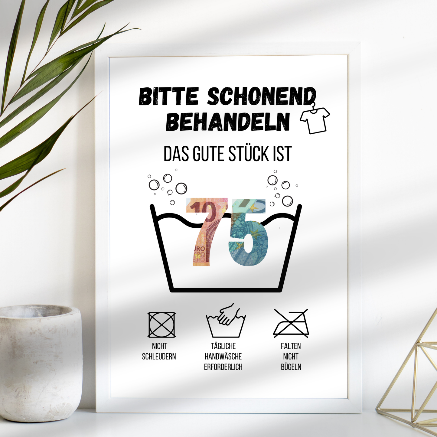 Originelles Geldgeschenk zum 75. Geburtstag: PDF-Vorlage „Waschanleitung“ zum Ausdrucken. Humorvolles Last-Minute-Geschenk zum Einrahmen & Geldscheine kreativ verschenken. Sofort-Download!