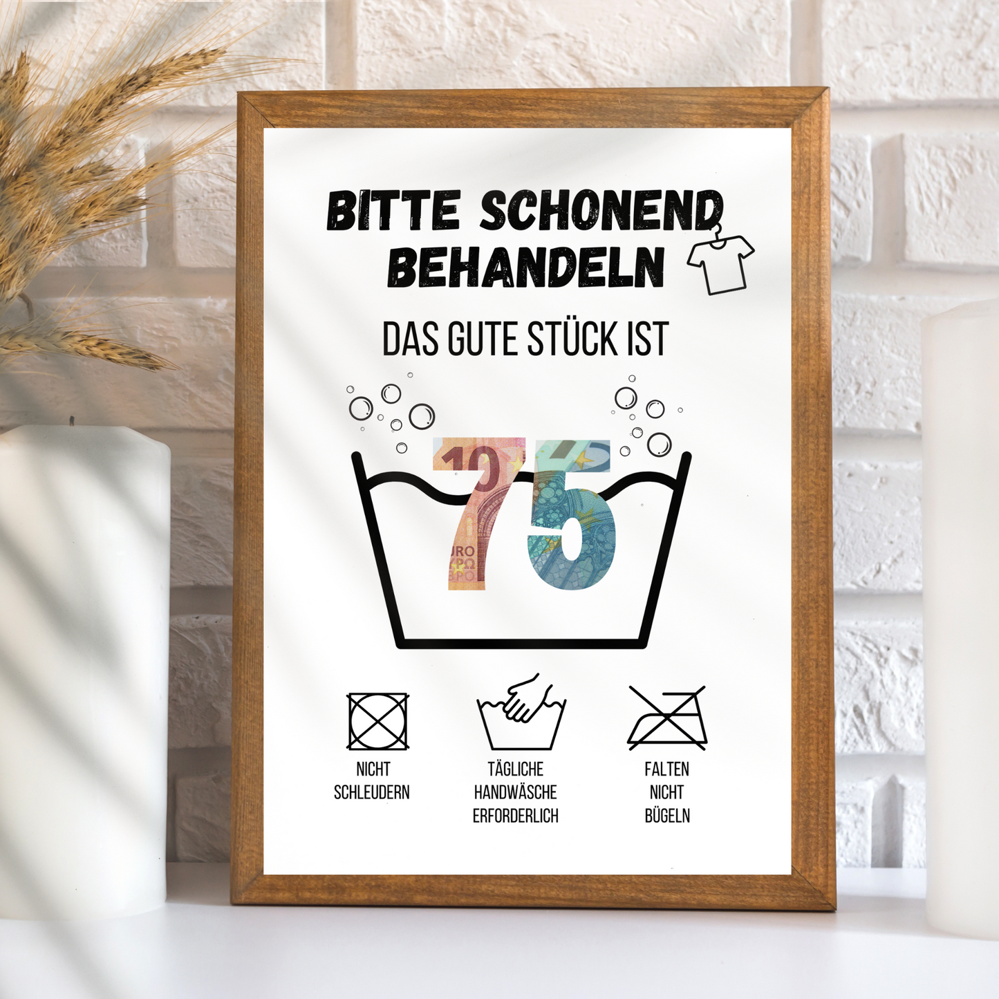 Originelles Geldgeschenk zum 75. Geburtstag: PDF-Vorlage „Waschanleitung“ zum Ausdrucken. Humorvolles Last-Minute-Geschenk zum Einrahmen & Geldscheine kreativ verschenken. Sofort-Download!