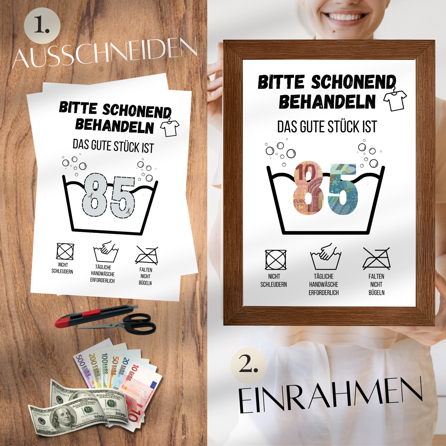 Originelles Geldgeschenk zum 85. Geburtstag! Digitaler Download im „Waschanleitung“-Design. Sofort ausdrucken & verschenken. Last-Minute Geschenkidee!