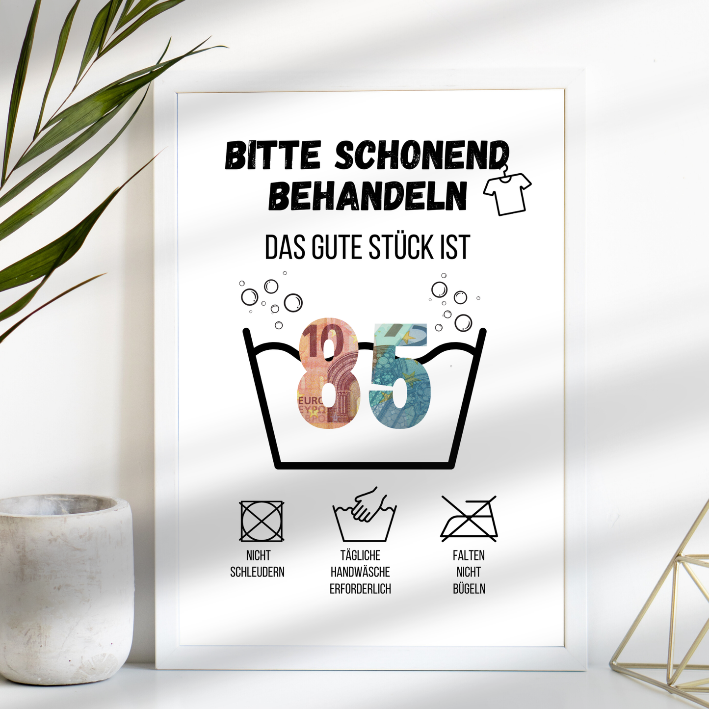Originelles Geldgeschenk zum 85. Geburtstag! Digitaler Download im „Waschanleitung“-Design. Sofort ausdrucken & verschenken. Last-Minute Geschenkidee!