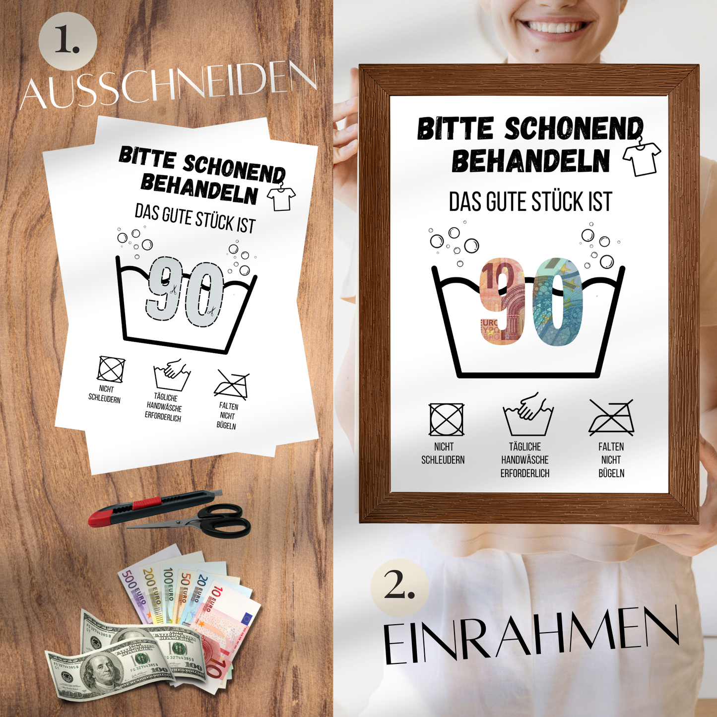 Originelles Geldgeschenk zum 90. Geburtstag: Waschanleitung als PDF-Download. Einfach ausdrucken, gestalten & verschenken. Perfekt als Last-Minute-Idee!