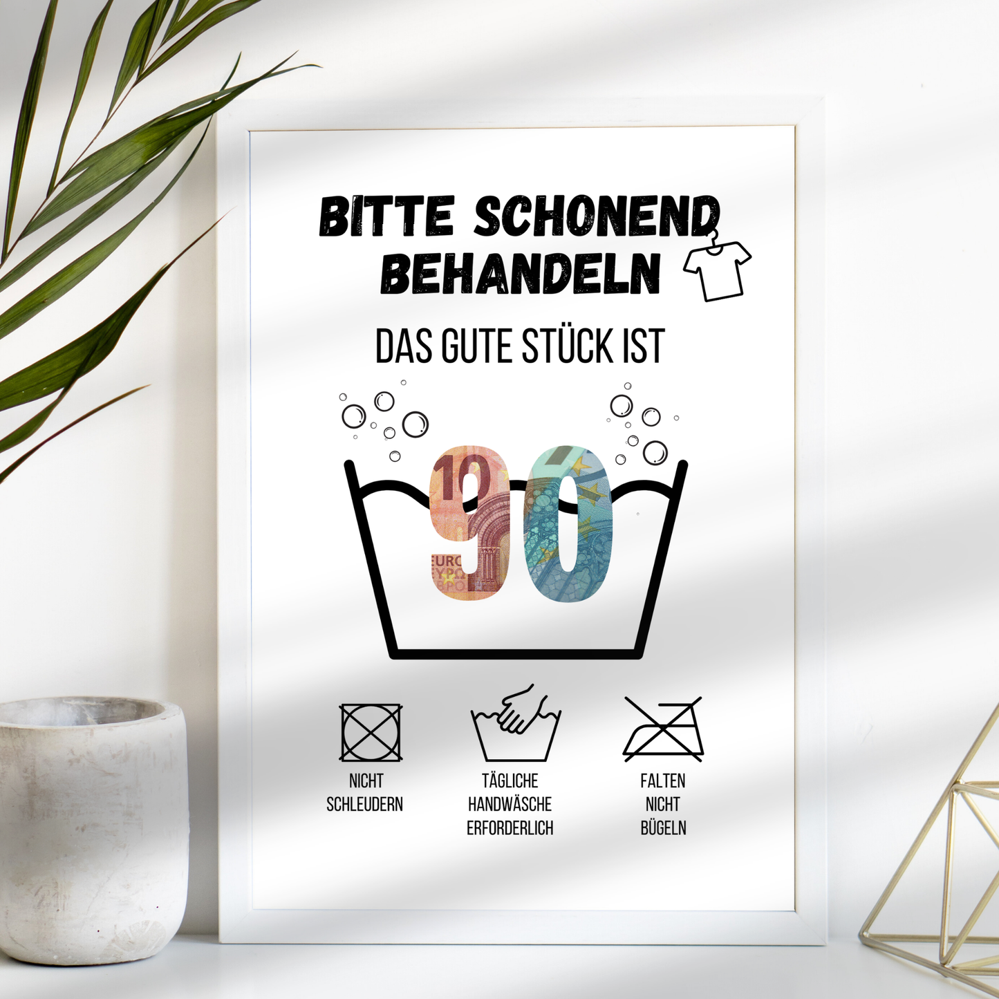 Originelles Geldgeschenk zum 90. Geburtstag: Waschanleitung als PDF-Download. Einfach ausdrucken, gestalten & verschenken. Perfekt als Last-Minute-Idee!