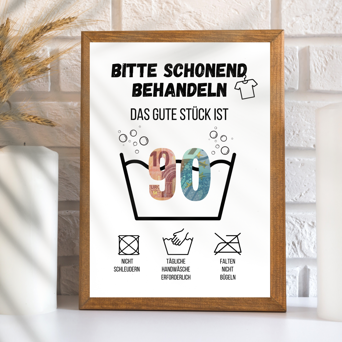Originelles Geldgeschenk zum 90. Geburtstag: Waschanleitung als PDF-Download. Einfach ausdrucken, gestalten & verschenken. Perfekt als Last-Minute-Idee!
