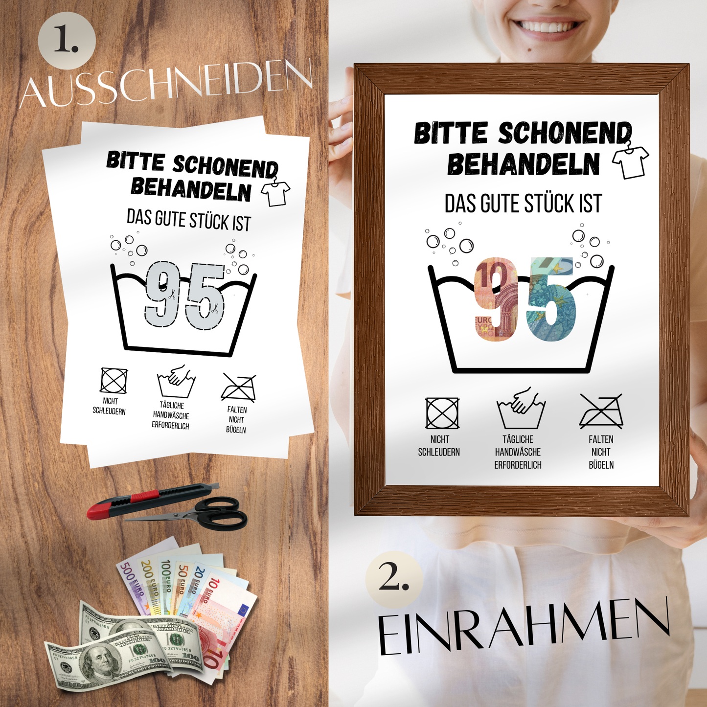 Originelles Geldgeschenk zum 95. Geburtstag: PDF-Vorlage „Waschanleitung“ zum Ausdrucken. Perfekt als Last Minute Geschenkidee zum Selbermachen. Sofort-Download!