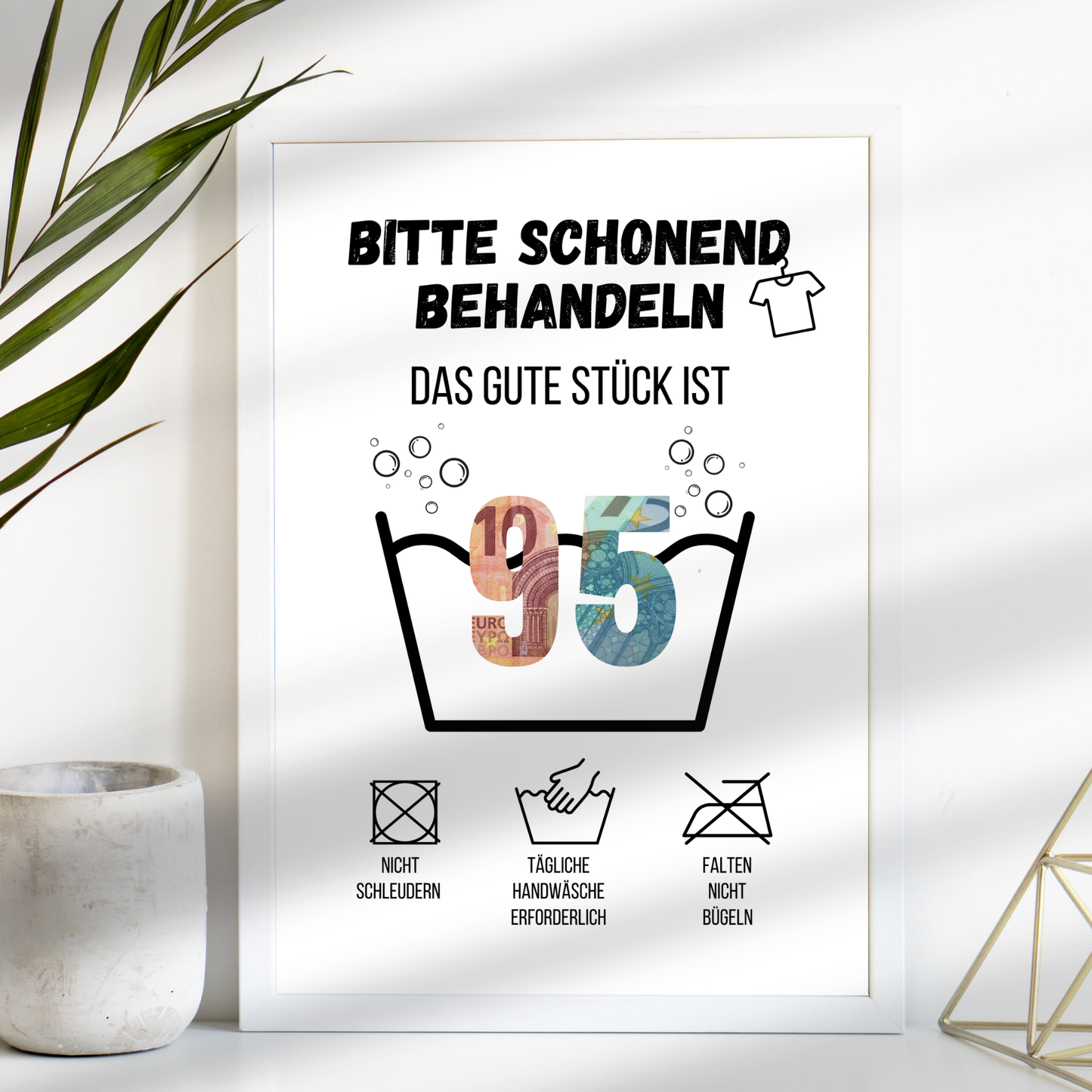 Originelles Geldgeschenk zum 95. Geburtstag: PDF-Vorlage „Waschanleitung“ zum Ausdrucken. Perfekt als Last Minute Geschenkidee zum Selbermachen. Sofort-Download!