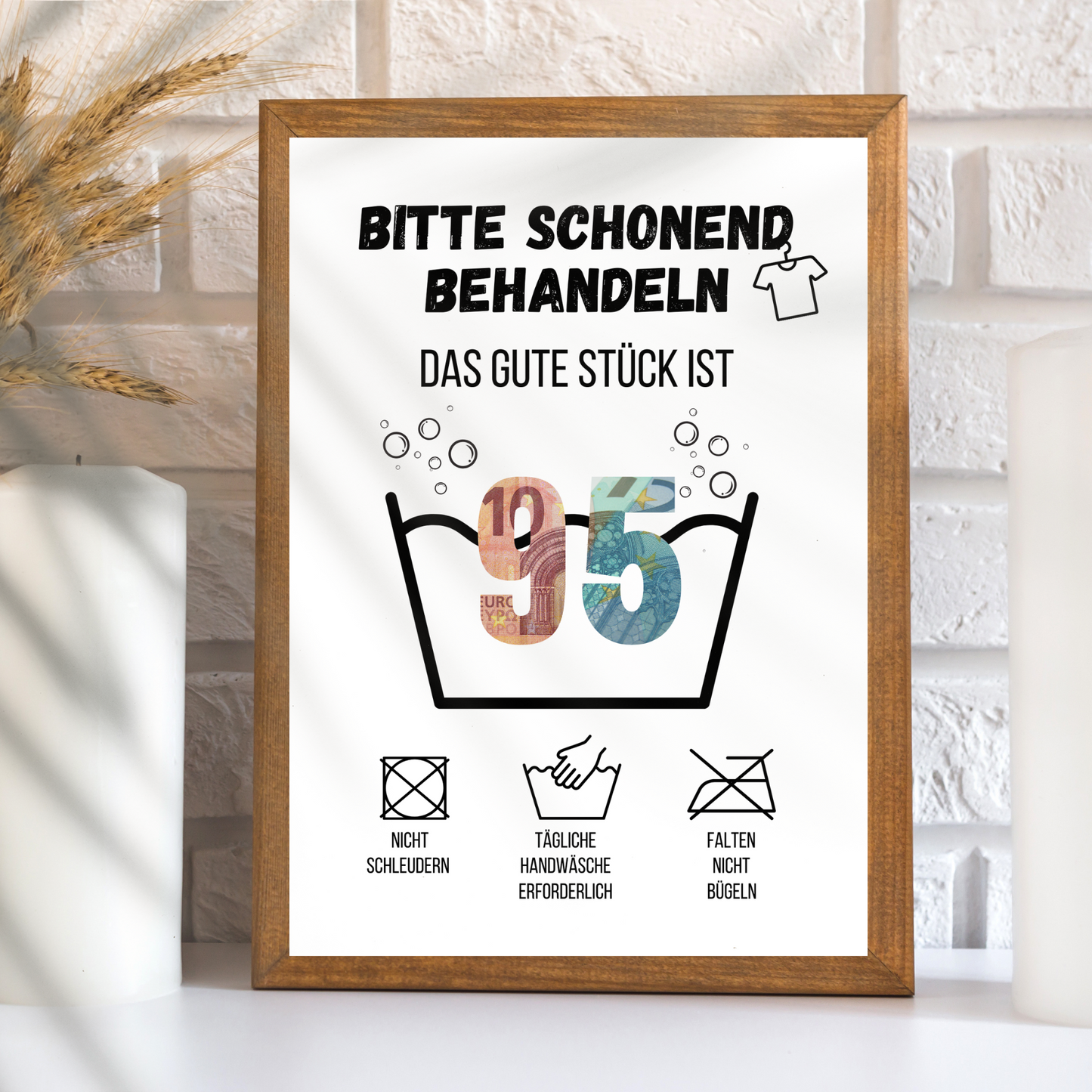 Originelles Geldgeschenk zum 95. Geburtstag: PDF-Vorlage „Waschanleitung“ zum Ausdrucken. Perfekt als Last Minute Geschenkidee zum Selbermachen. Sofort-Download!