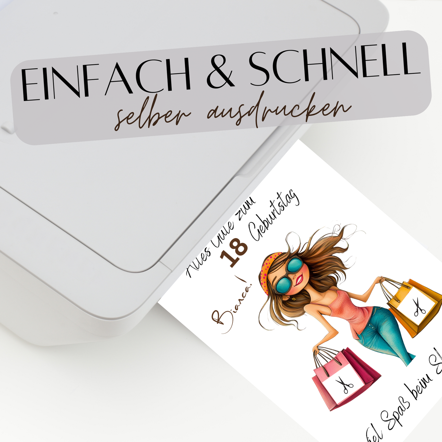 Personalisierbares Geldgeschenk „Shopping Geld“ zum Geburtstag – digitaler Download im DIN-A4-Format. Einfach ausdrucken, ausschneiden, einrahmen. Perfekt als Last-Minute-Geschenkidee.
