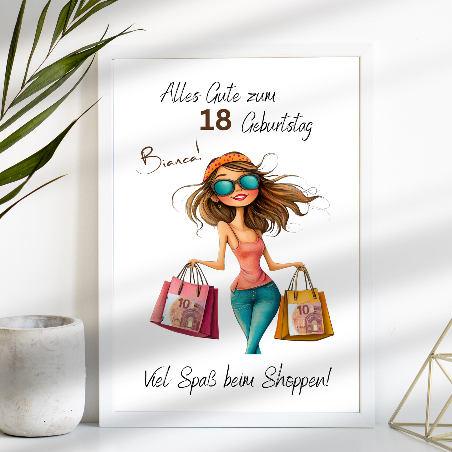 Personalisierbares Geldgeschenk „Shopping Geld“ zum Geburtstag – digitaler Download im DIN-A4-Format. Einfach ausdrucken, ausschneiden, einrahmen. Perfekt als Last-Minute-Geschenkidee.