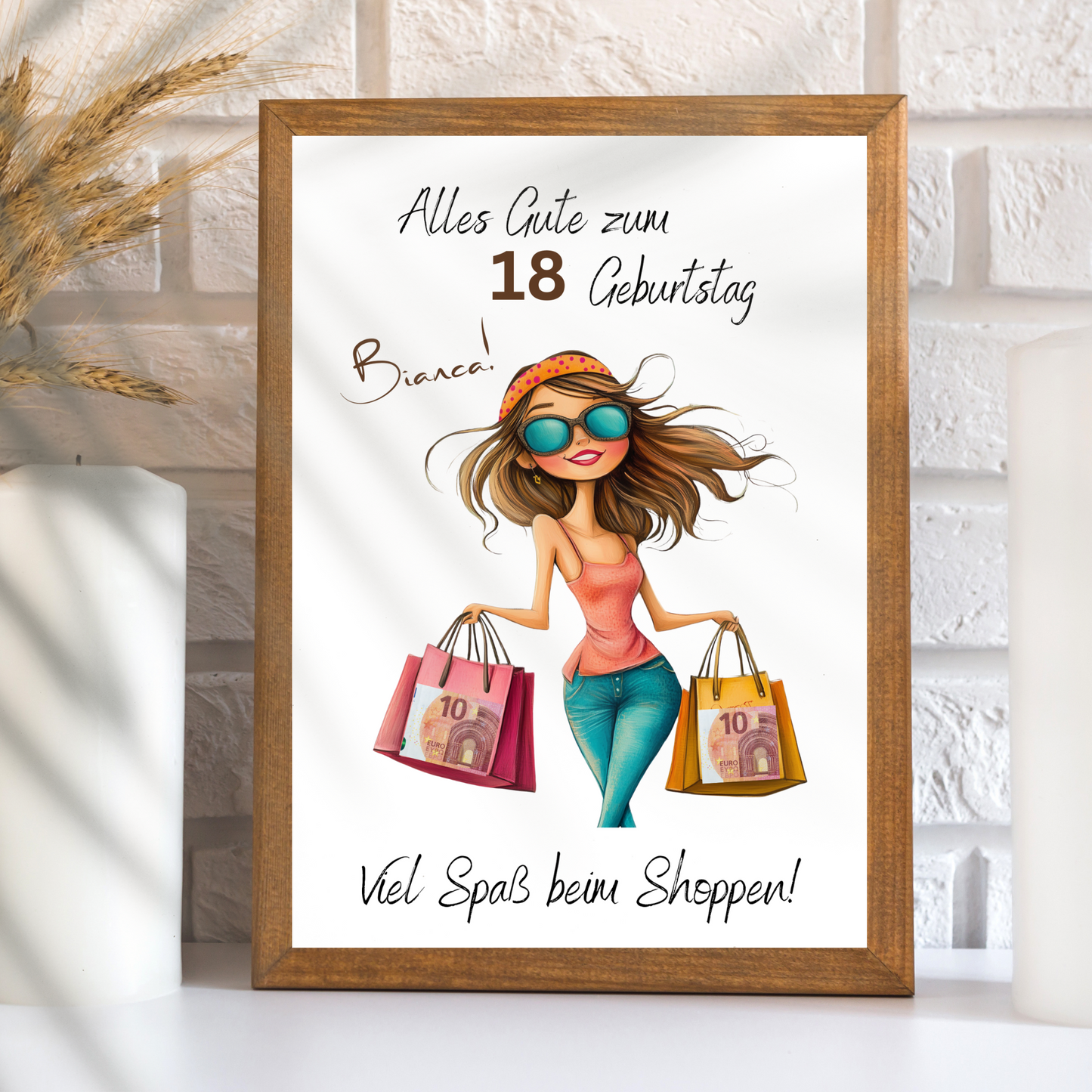 Personalisierbares Geldgeschenk „Shopping Geld“ zum Geburtstag – digitaler Download im DIN-A4-Format. Einfach ausdrucken, ausschneiden, einrahmen. Perfekt als Last-Minute-Geschenkidee.