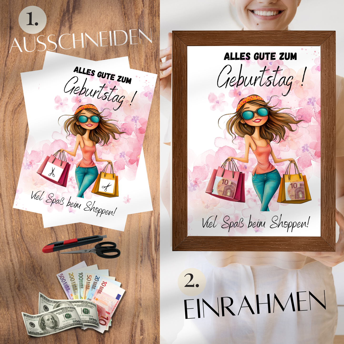Originelles Geldgeschenk zum Geburtstag: Digitaler Download „Geld zum Shoppen“. Einfach ausdrucken, Geldscheine einfügen & einrahmen – sofort verfügbar!