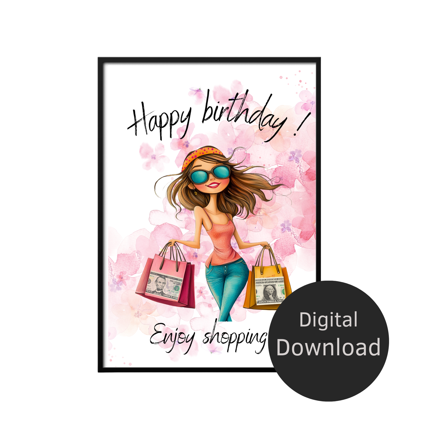 Originelles Geldgeschenk zum Geburtstag: "Happy Birthday - Enjoy Shopping" als Digital-Download. Einfach ausdrucken, ausschneiden & verschenken!