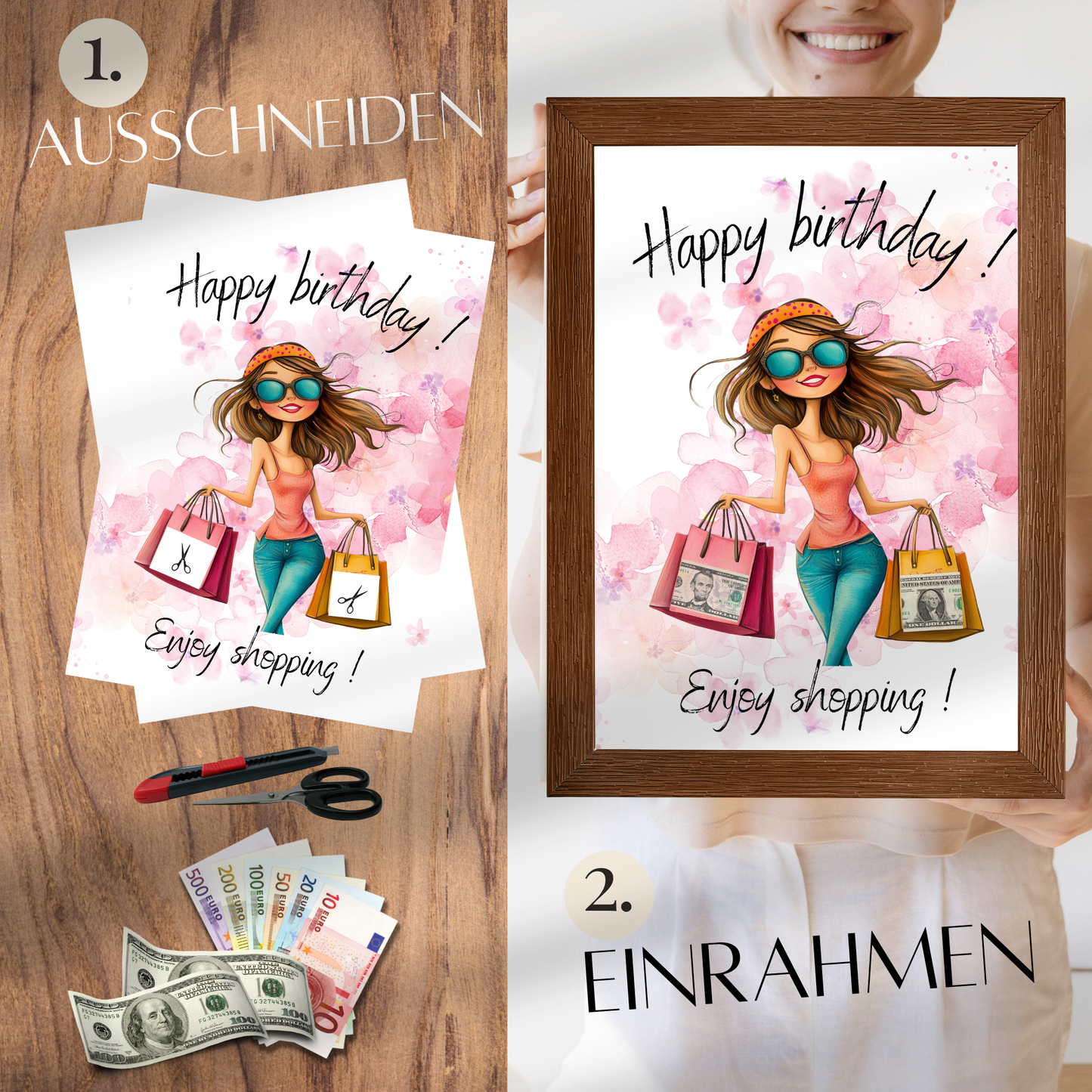 Originelles Geldgeschenk zum Geburtstag: "Happy Birthday - Enjoy Shopping" als Digital-Download. Einfach ausdrucken, ausschneiden & verschenken!