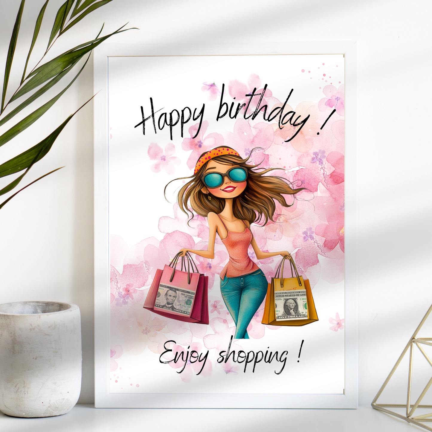 Originelles Geldgeschenk zum Geburtstag: "Happy Birthday - Enjoy Shopping" als Digital-Download. Einfach ausdrucken, ausschneiden & verschenken!