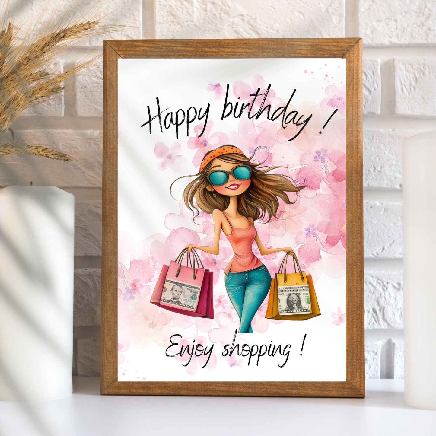 Originelles Geldgeschenk zum Geburtstag: "Happy Birthday - Enjoy Shopping" als Digital-Download. Einfach ausdrucken, ausschneiden & verschenken!