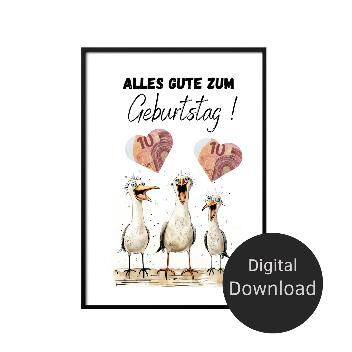 Maritimes Geldgeschenk zum Geburtstag mit lustigen Möwen. Digitaler Download zum Ausdrucken & Einrahmen. Perfekte Last-Minute-Geschenkidee!