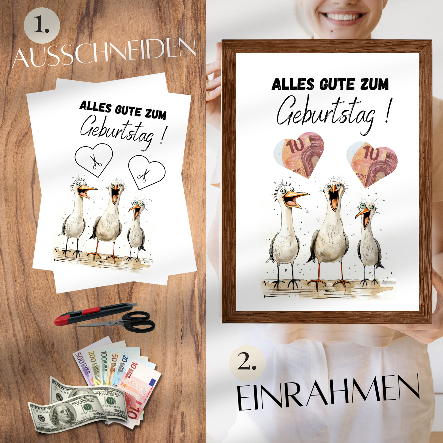 Maritimes Geldgeschenk zum Geburtstag mit lustigen Möwen. Digitaler Download zum Ausdrucken & Einrahmen. Perfekte Last-Minute-Geschenkidee!