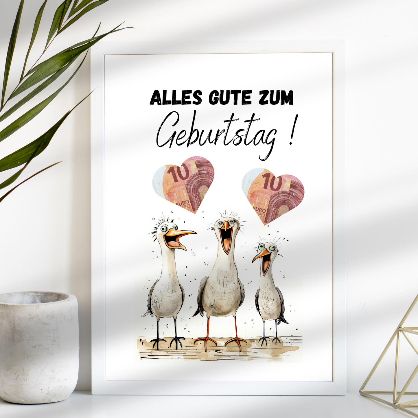 Maritimes Geldgeschenk zum Geburtstag mit lustigen Möwen. Digitaler Download zum Ausdrucken & Einrahmen. Perfekte Last-Minute-Geschenkidee!