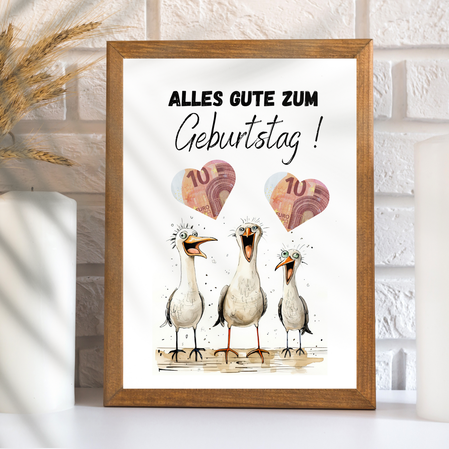 Maritimes Geldgeschenk zum Geburtstag mit lustigen Möwen. Digitaler Download zum Ausdrucken & Einrahmen. Perfekte Last-Minute-Geschenkidee!