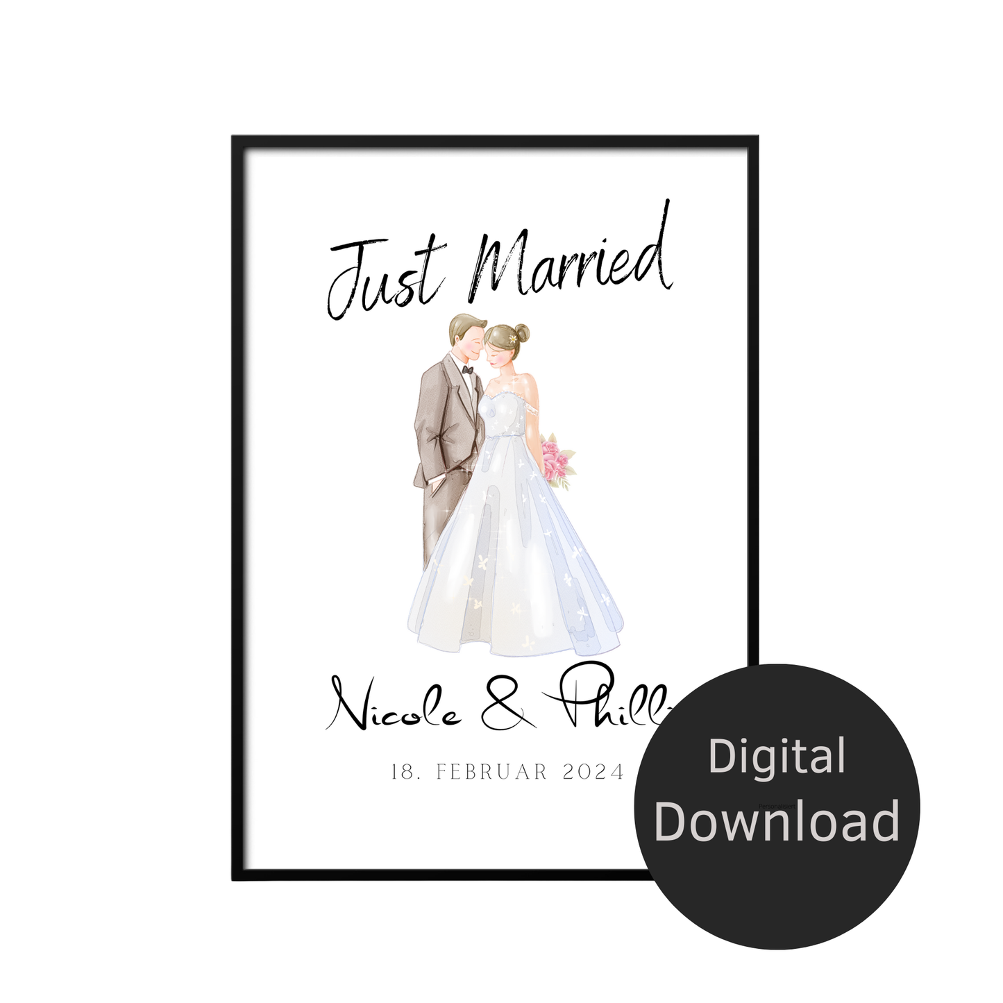 Personalisiertes Hochzeitsposter mit Brautpaar – als Digitaler Download zum Ausdrucken. Perfektes Last Minute Hochzeitsgeschenk mit Namen & Datum.