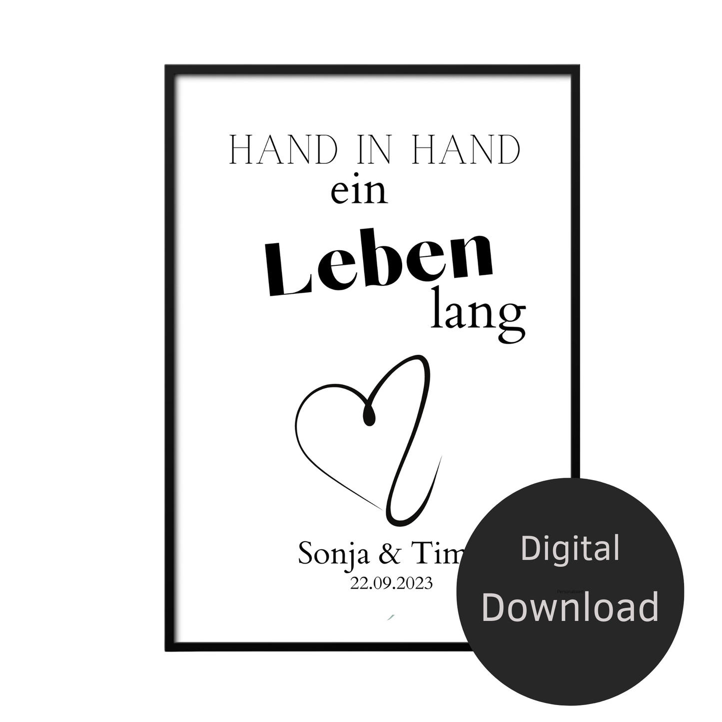 Personalisiertes Hochzeits-Poster „Hand in Hand – ein Leben lang“. Digitaler Download, individuell mit Namen & Datum. Sofort ausdrucken – perfektes Last-Minute Geschenk zur Hochzeit, Verlobung oder zum Jahrestag.