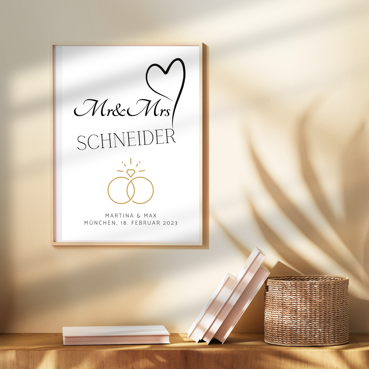Personalisierbares „Mr & Mrs“-Hochzeitsposter als PDF-Download. Individuell mit Namen, Datum & Ort. Zum Ausdrucken – ideales Last Minute Hochzeitsgeschenk.