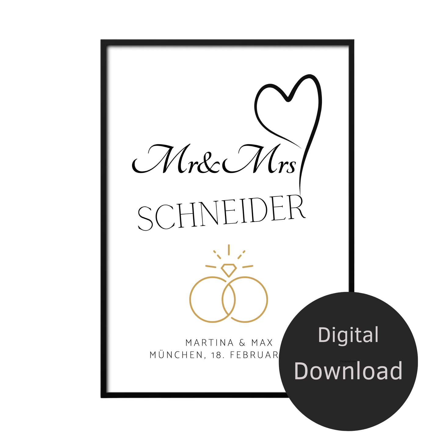 Personalisierbares „Mr & Mrs“-Hochzeitsposter als PDF-Download. Individuell mit Namen, Datum & Ort. Zum Ausdrucken – ideales Last Minute Hochzeitsgeschenk.
