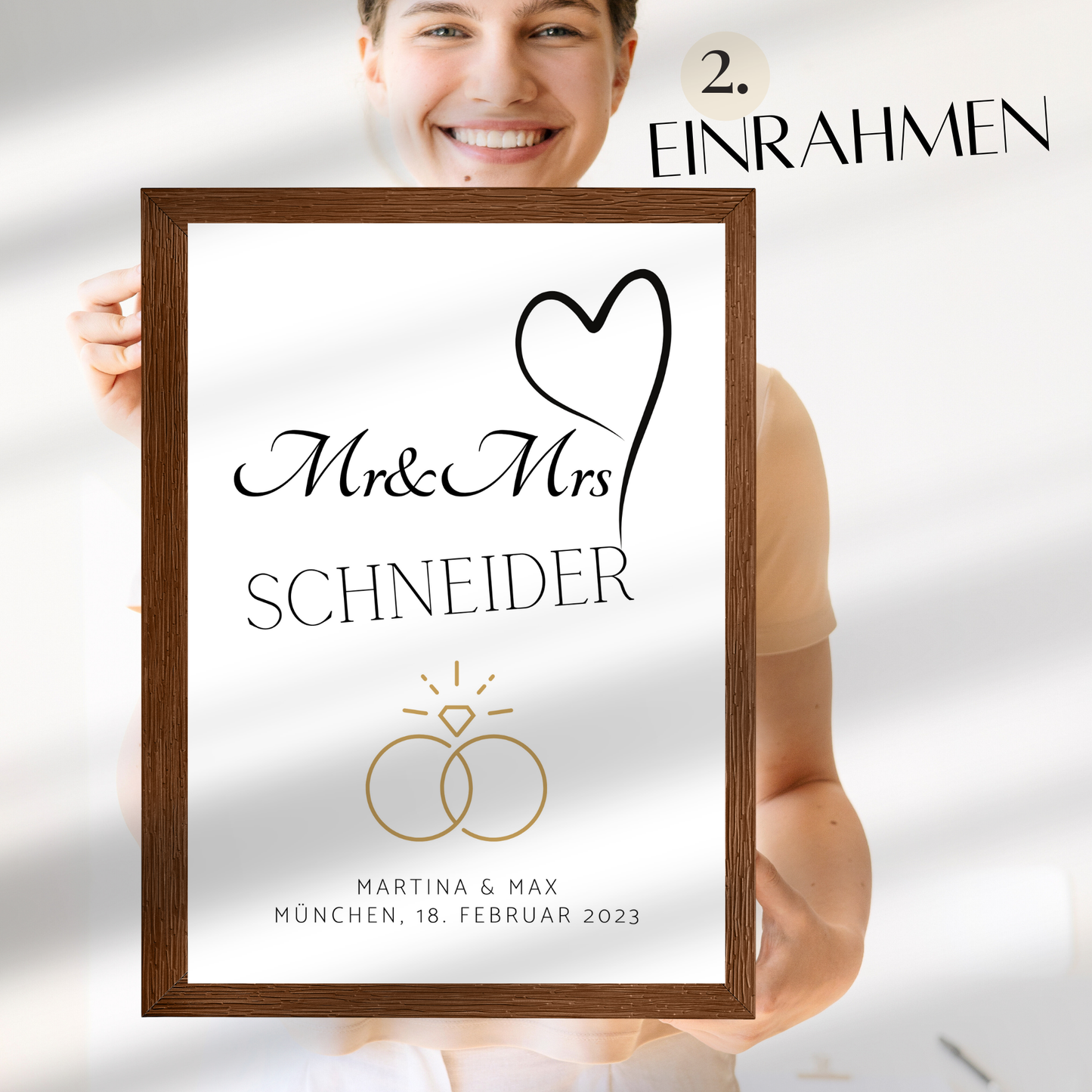 Personalisierbares „Mr & Mrs“-Hochzeitsposter als PDF-Download. Individuell mit Namen, Datum & Ort. Zum Ausdrucken – ideales Last Minute Hochzeitsgeschenk.