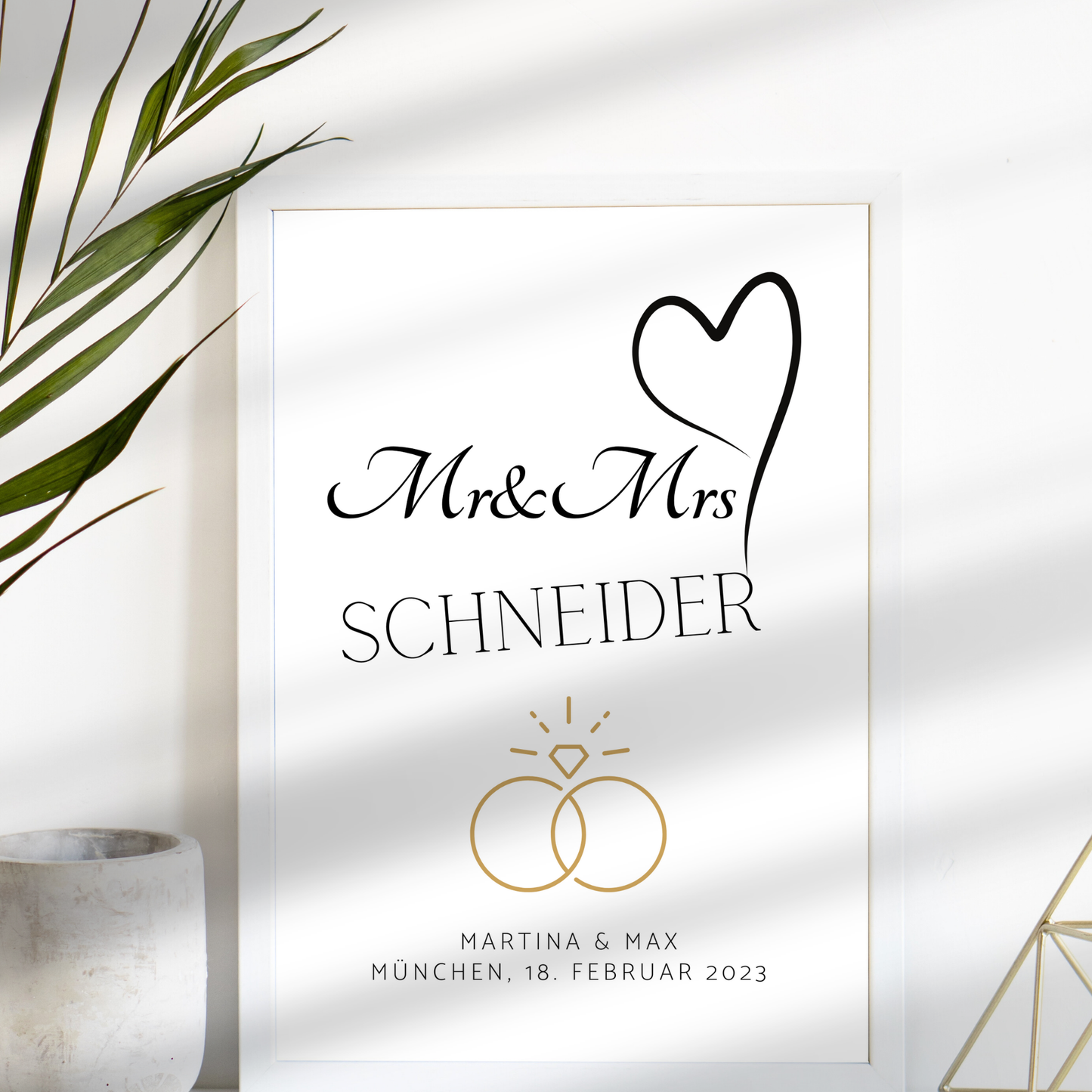 Personalisierbares „Mr & Mrs“-Hochzeitsposter als PDF-Download. Individuell mit Namen, Datum & Ort. Zum Ausdrucken – ideales Last Minute Hochzeitsgeschenk.