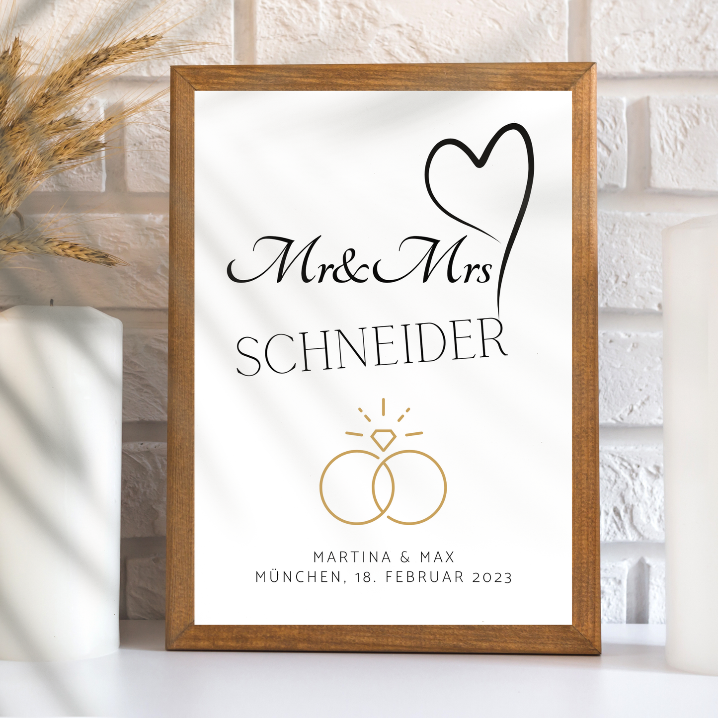 Personalisierbares „Mr & Mrs“-Hochzeitsposter als PDF-Download. Individuell mit Namen, Datum & Ort. Zum Ausdrucken – ideales Last Minute Hochzeitsgeschenk.