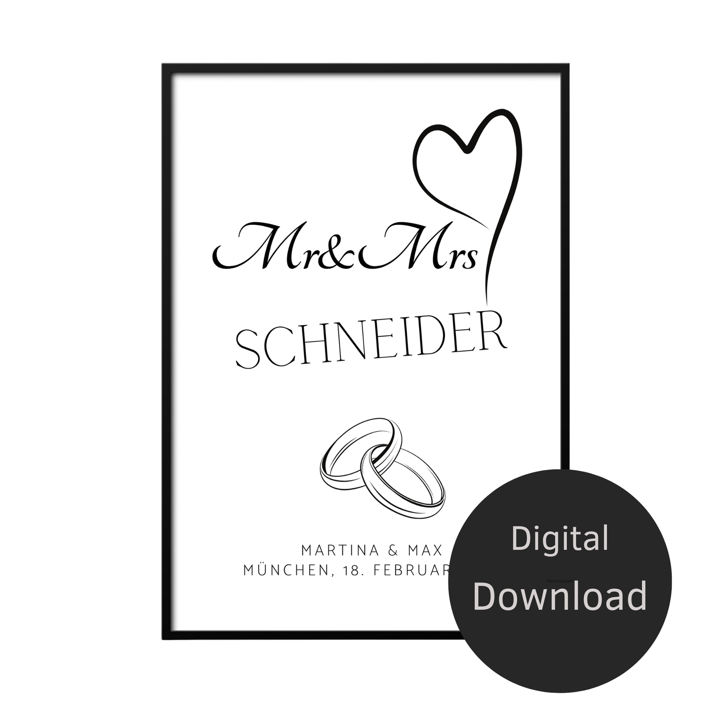 Personalisierbares Hochzeitsposter "Mr & Mrs" mit Eheringen als Digitaler Download. Last Minute Geschenkidee – einfach selbst ausdrucken.