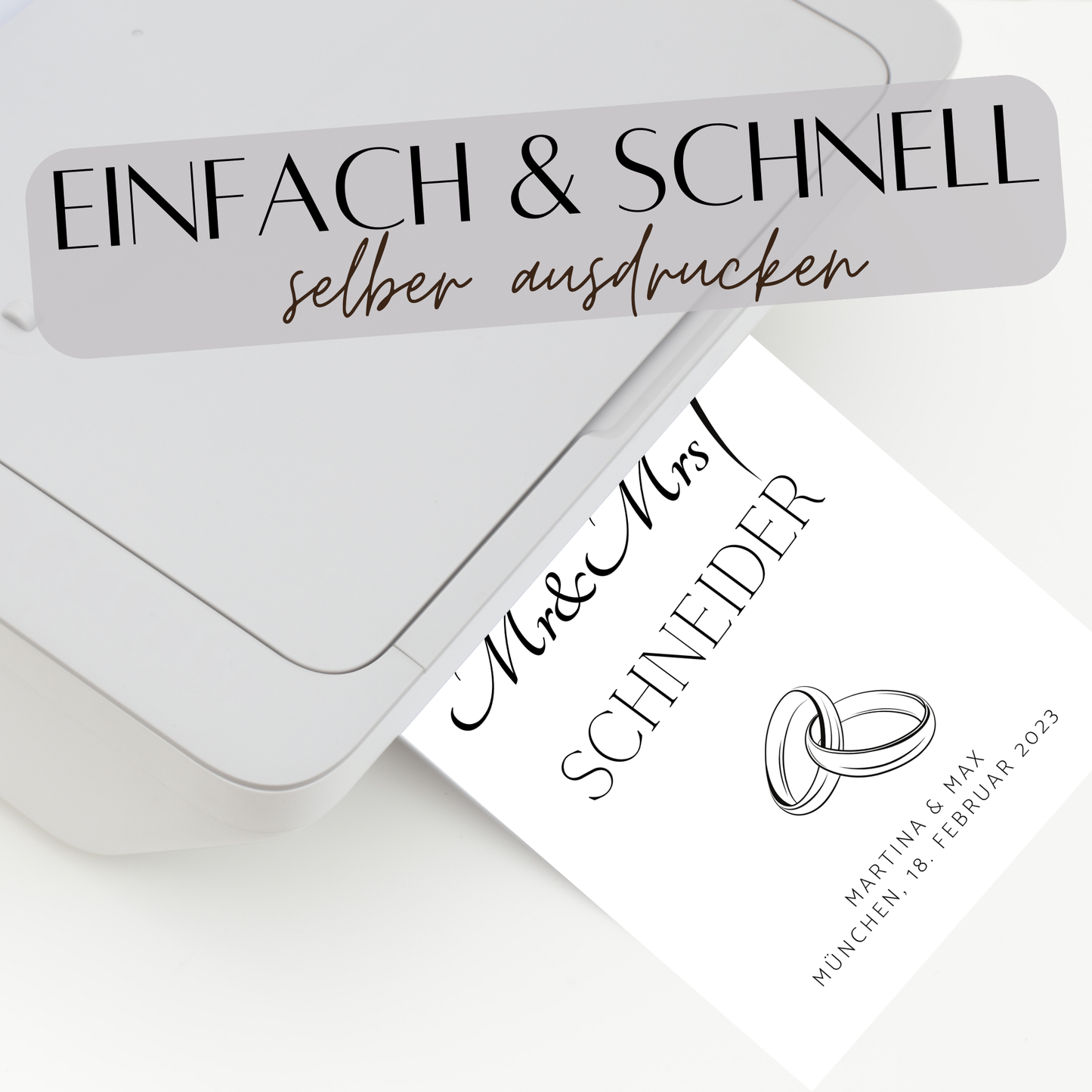 Personalisierbares Hochzeitsposter "Mr & Mrs" mit Eheringen als Digitaler Download. Last Minute Geschenkidee – einfach selbst ausdrucken.