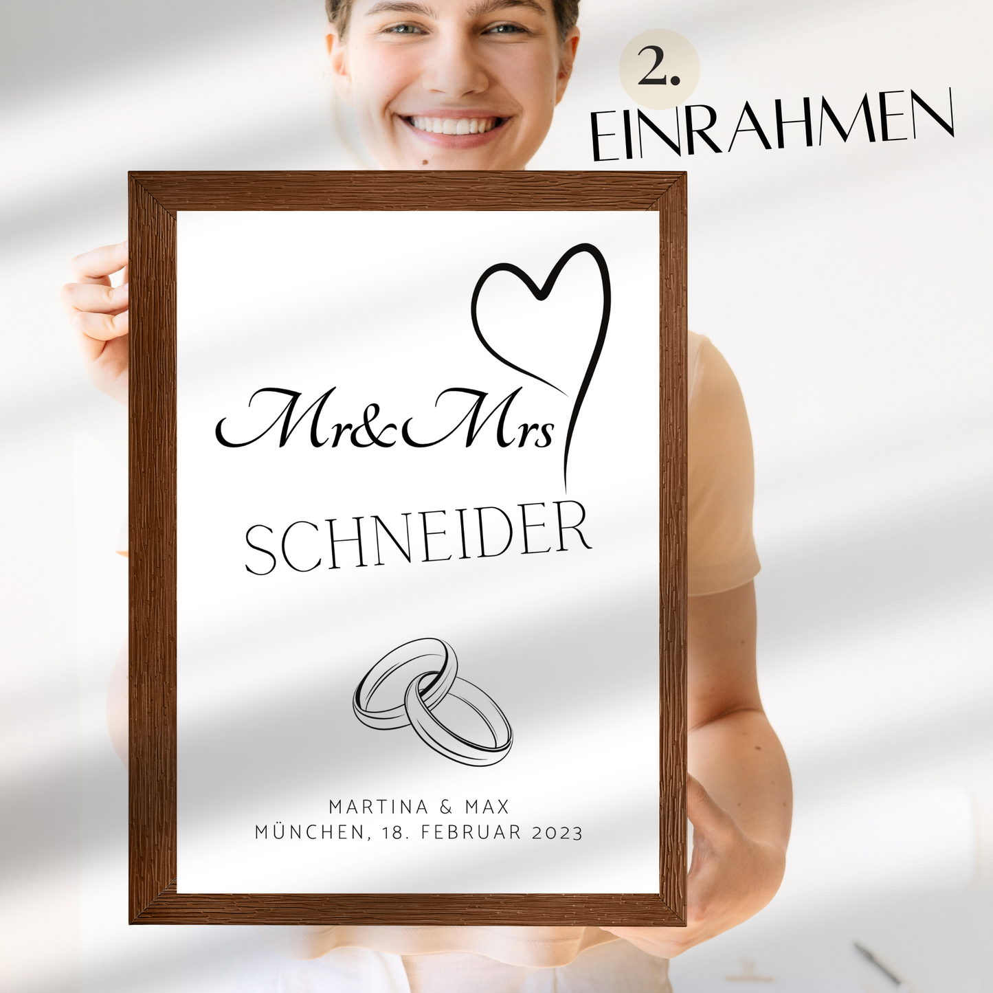 Personalisierbares Hochzeitsposter "Mr & Mrs" mit Eheringen als Digitaler Download. Last Minute Geschenkidee – einfach selbst ausdrucken.