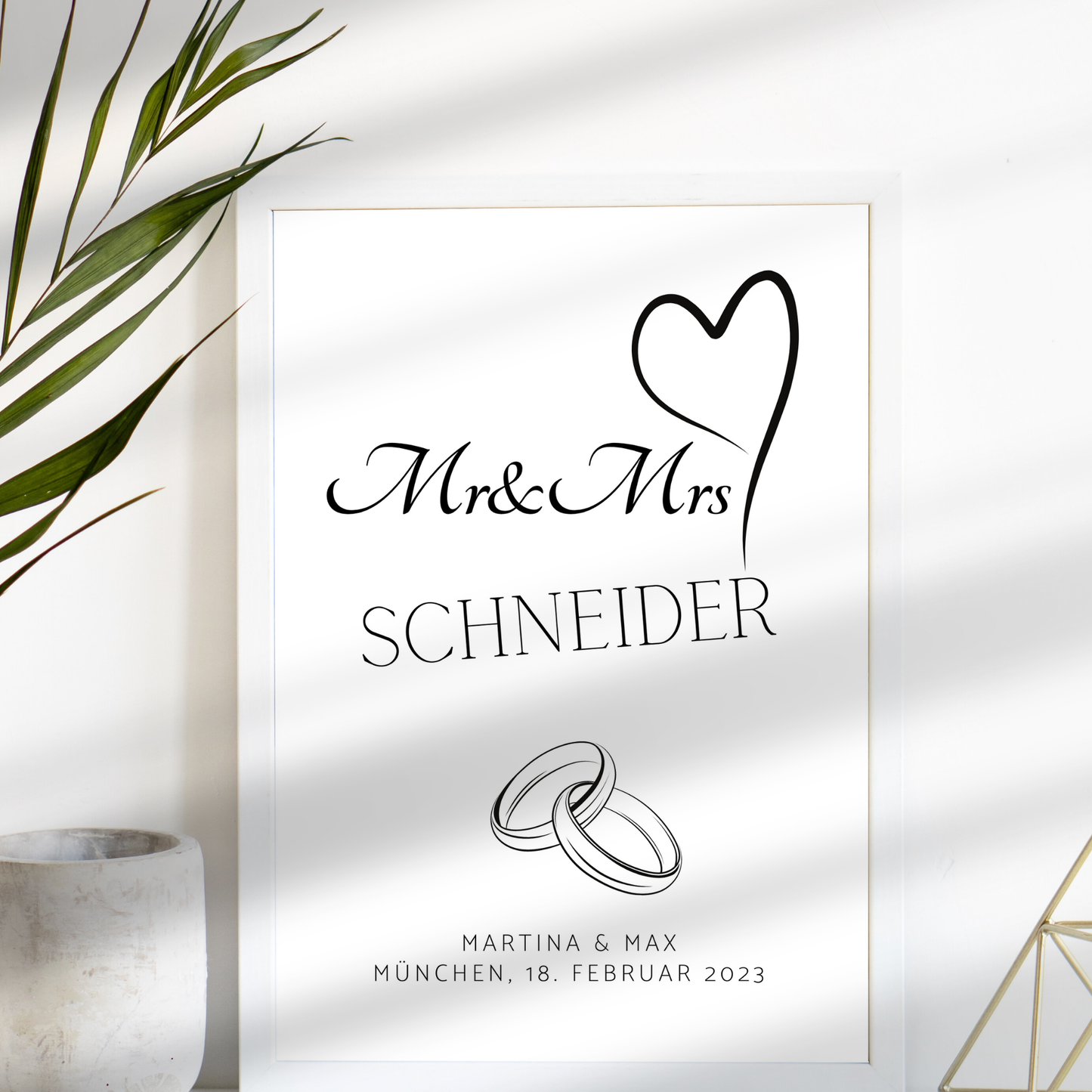 Personalisierbares Hochzeitsposter "Mr & Mrs" mit Eheringen als Digitaler Download. Last Minute Geschenkidee – einfach selbst ausdrucken.