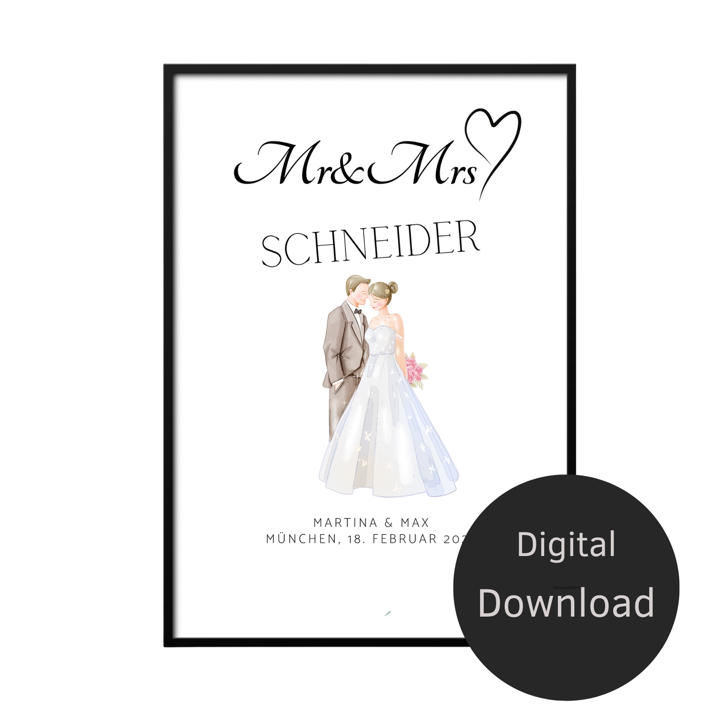 Personalisierbares Hochzeitsposter "Mr & Mrs" – Brautpaar-Motiv als digitaler Download. Last-Minute-Geschenk zum Ausdrucken & Einrahmen.