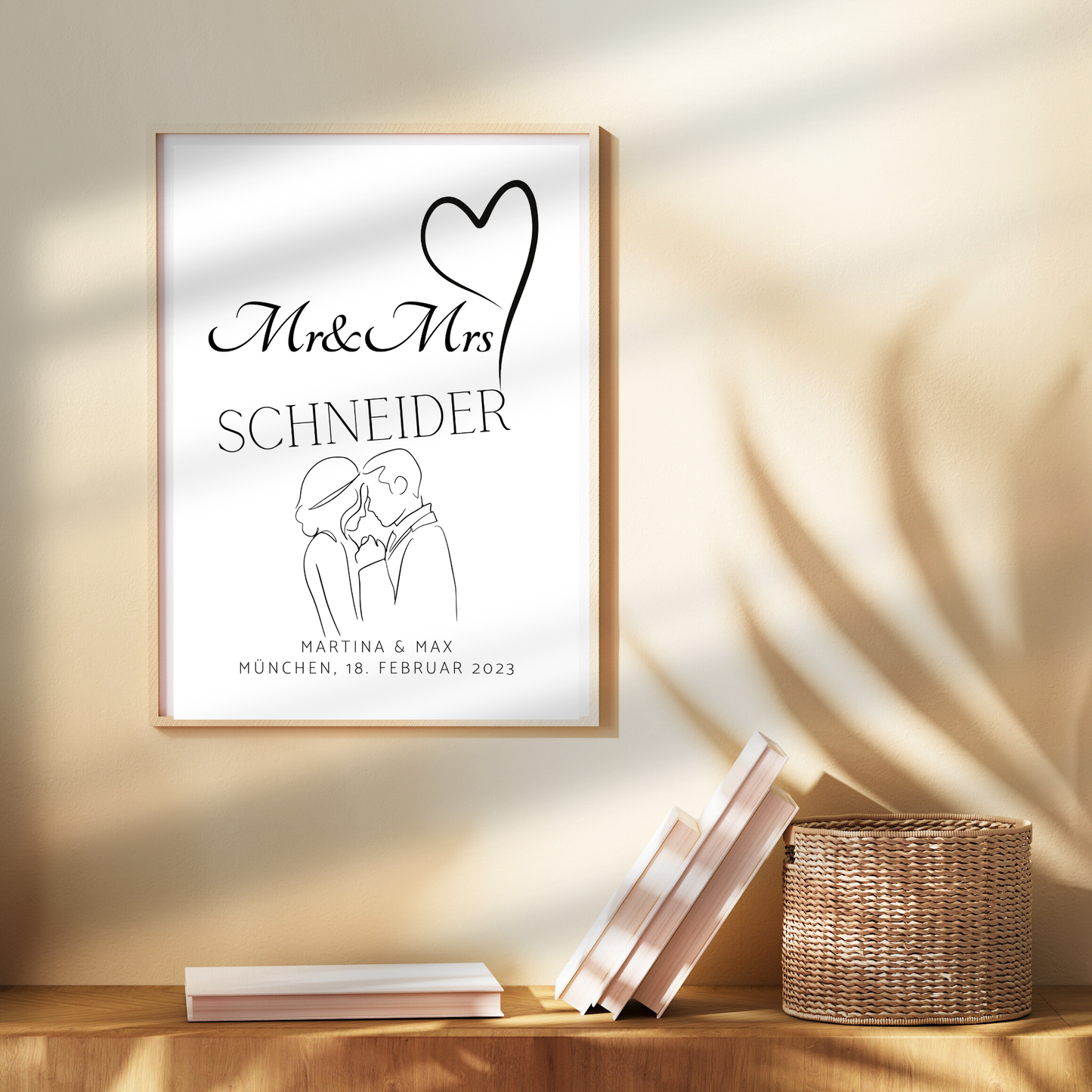 Personalisierbares Hochzeitsposter „Mr & Mrs“ mit Herz & Brautpaar. Digitaler Download, Last Minute Geschenkidee – jetzt individuell gestalten.